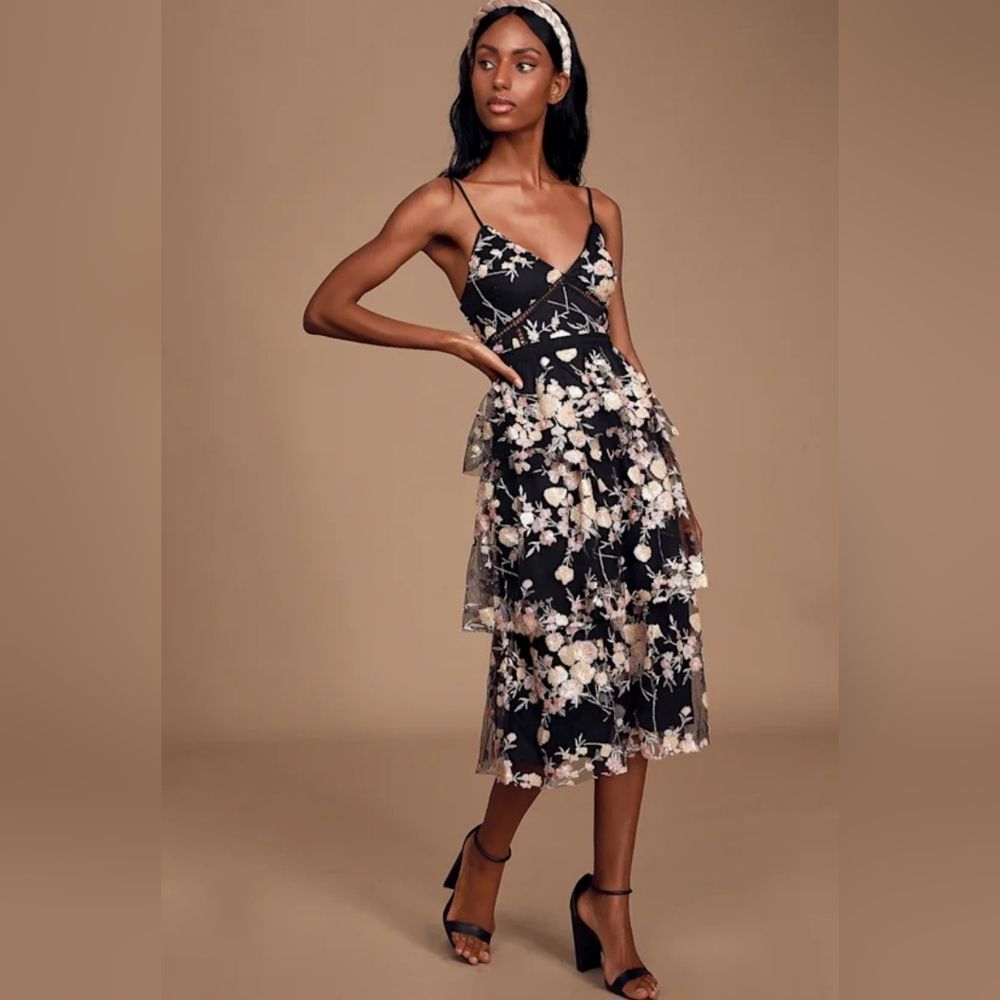 Lulus Greetings Black Sequin Tiered Midi Dress